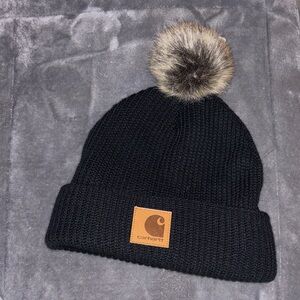 Carhartt Black Beanie with Faux Fur Pom